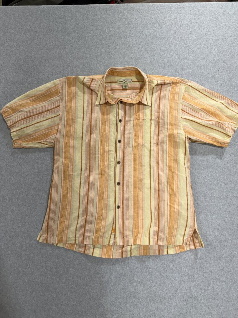 Tommy Bahama Mens XL Linen Cotton Shirt Striped Yellow Orange Camp Hawaiian Y2K